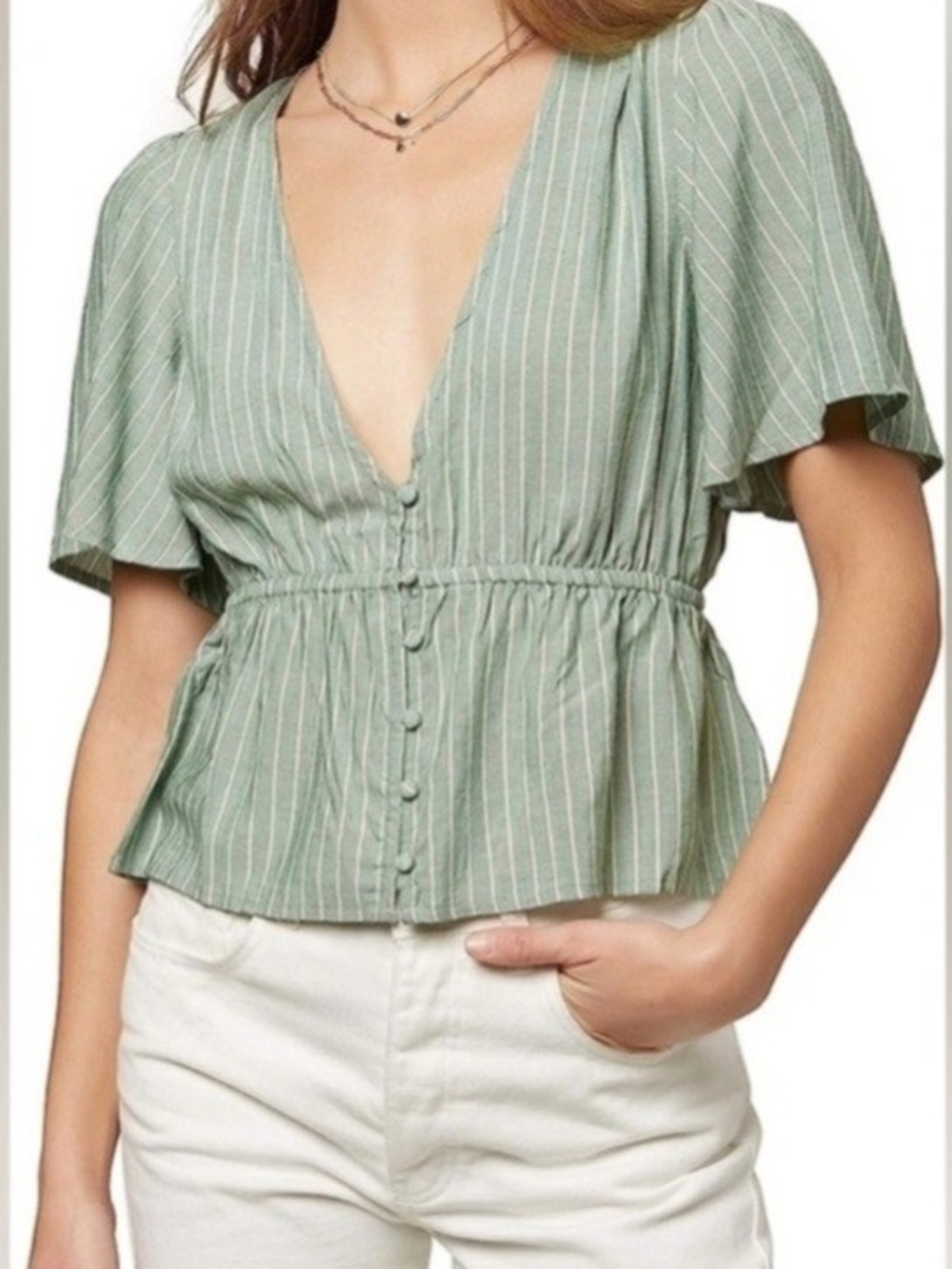O'Neill Womens Mariah Green Stripe V Neck Button Front Peplum Top XS